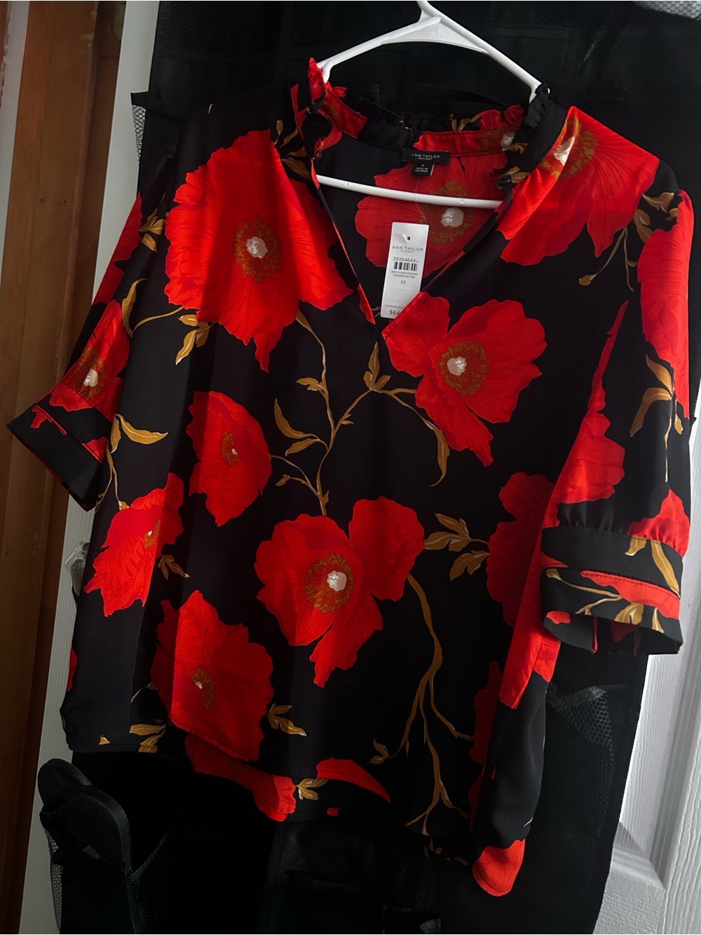Ann Taylor Factory Black V-Neck Blouse with Red Floral Print